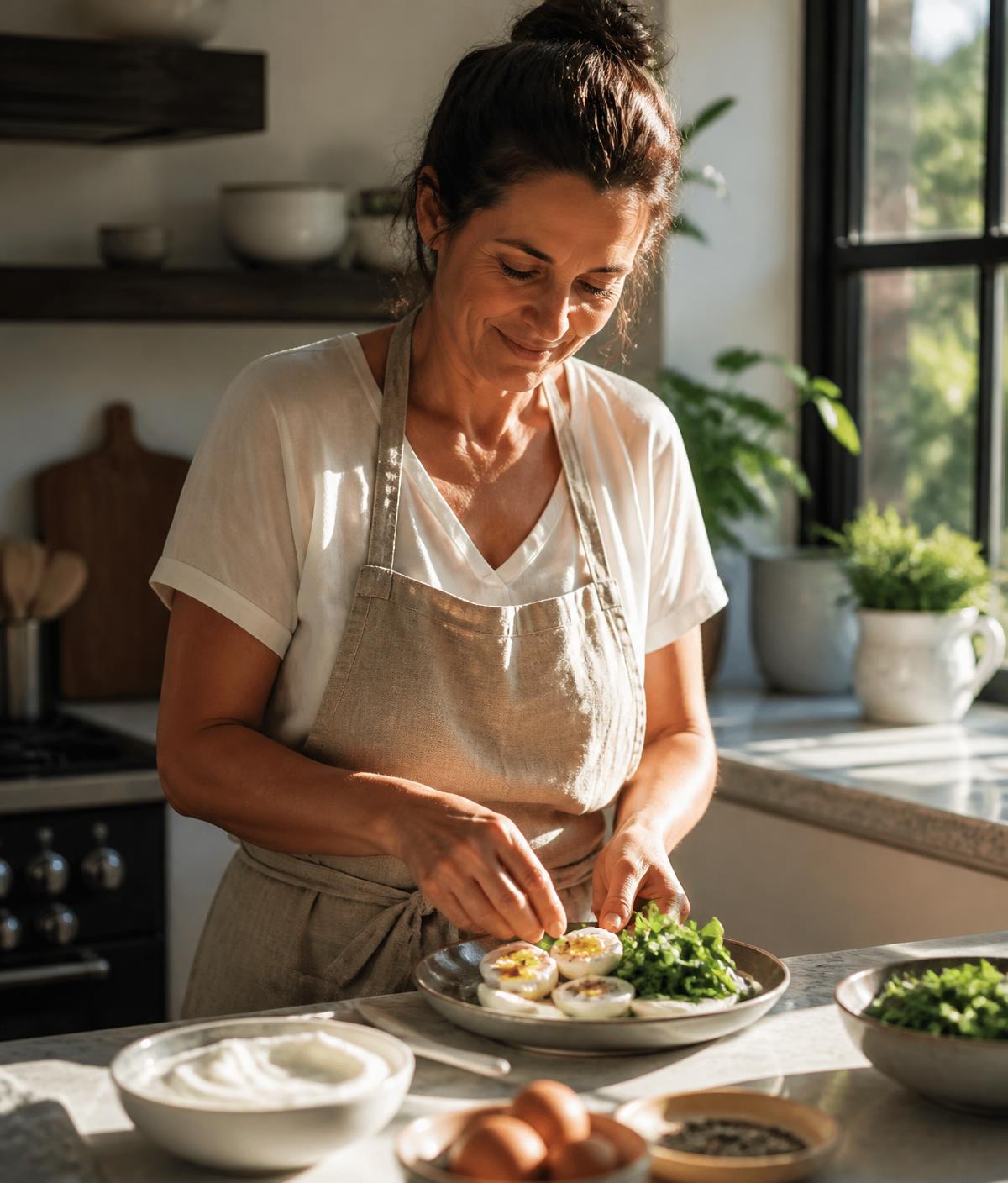 A woman in her forties plating eggs, yogurt and greens in a sunlit home kitchen